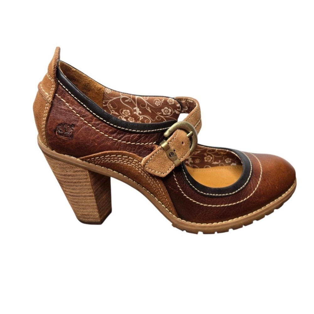 Timberland Earthkeepers Chauncey Buckle Mary Jane Heels 10 Brown Leather Suede